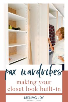 Learn how to make IKEA Pax wardrobe units look built-in and custom for your closet! Ikea Wall In Closet, Pax Wardrobe Hacks Built Ins, Pax Built In Hack, Walkin Pantry Ideas, Pax Wardrobe Ideas, Closet Inserts, Diy Master Closet