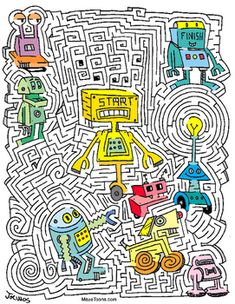 a maze with people and robots on it, as well as an image of a robot