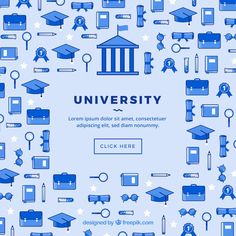 a blue and white background with graduation items