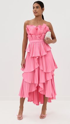 AMUR Judah Scallop Pleated Dress | Shopbop Cocktail Ruffle Dress With Tiered Ruffle Hem, Cocktail Ruffle Dress With Tiered Skirt, Evening Tiered Dress With Ruffle Hem, Evening Tiered Dress With Ruffles, Spring Pleated Pre-draped Midi Dress, Tiered Ruffle Hem Dress For Evening, Tiered Dress For Party, Fitted Tiered Evening Dress, Sleeveless Maxi Dress With Voluminous Skirt For Party