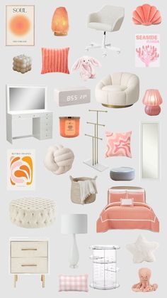 a collage of furniture and decor in pink, orange, white and grey colors