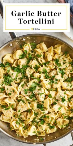 garlic butter tortellini in a skillet with parsley on top and the title overlay reads garlic butter tortellini