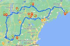 a map with several locations marked in red, green and blue on the road to new hampshire