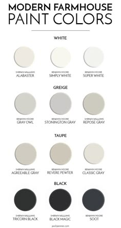 the most popular paint colors for modern farmhouse style homes, from white to black and gray