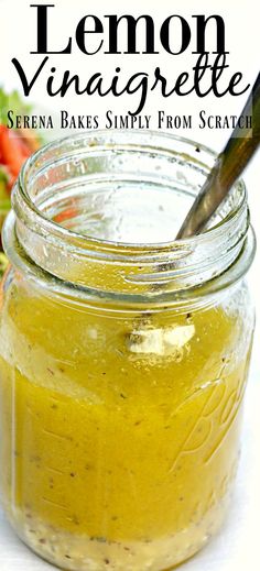 a jar filled with homemade lemon vinaigrete