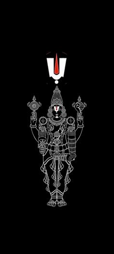 an image of the god in black and white with red accents on his face, holding two