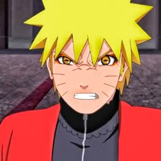 an anime character with yellow hair and orange eyes looking at the camera while wearing a red jacket