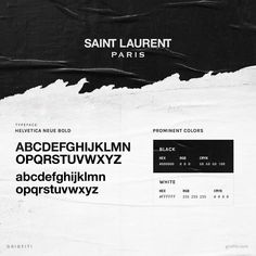 an advertisement for saint laurent paris, with the letters and numbers in black and white