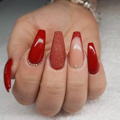 Valentines Day Nails Dark Red, Red Nail Inspo Coffin, Red And Silver Nails Acrylic, Red Coffin Nail Ideas, Red And Silver Nail Designs, Book Nails, Red Nails Glitter, Red Acrylic Nails, Acrylic Nails Coffin Pink