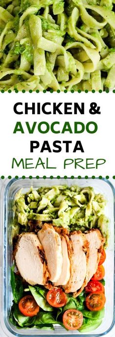 chicken and avocado pasta meal prepped in a plastic container with text overlay