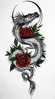 a tattoo design with roses and a snake on it's side, in white paper