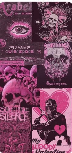 a collage of pink and black stickers with skulls, hearts, skull faces, and other designs