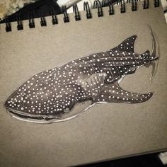 a drawing of a fish with white dots on it's body and tail, sitting on a piece of paper