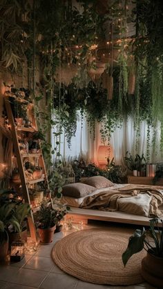 a bedroom with lots of plants hanging from the ceiling and lights on the windowsill