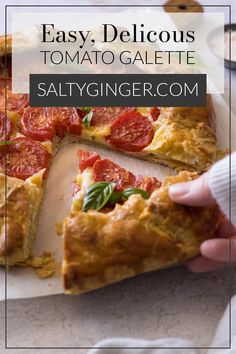 a person holding a slice of pizza on top of a plate with the words easy, delicious