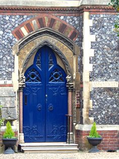 a blue door is open in front of a stone building with potted plants on either side