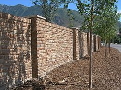 a brick wall next to a street with trees in the foreground and mountains in the background