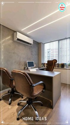 an office desk with two chairs and a laptop on it in front of a window