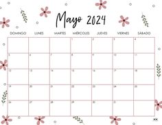 a calendar with pink flowers on it and the date for may 2012, in spanish