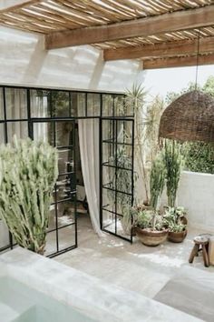 an outdoor patio with plants and potted plants