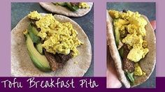 there are three pictures of breakfast pita sandwiches with eggs and avocado on them