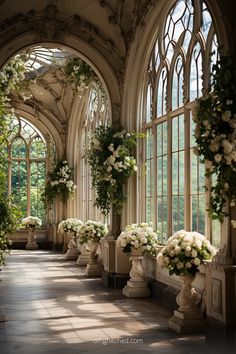 an arched hallway with flowers and greenery on the walls, along with large windows