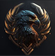 an eagle is shown in the middle of a black and gold background with stars around it