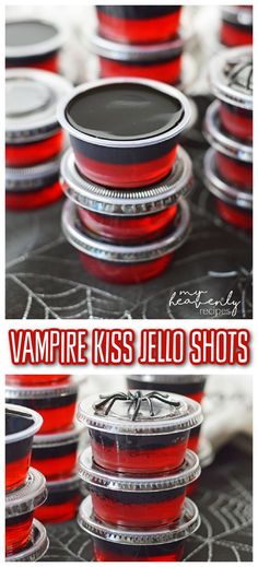 some red cups are stacked on top of each other with the words vampire kiss jello shots