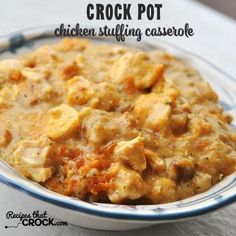 crock pot chicken stuffing casserole in a blue and white bowl on a table