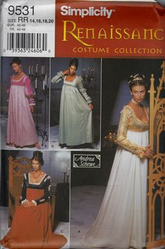 Dress is floor length, has close-fitting lined bodice, raised waist, two-piece contrast sleeves, contrast oversleeves. Gowns A and C have trains. Under blouse for views A,B, C, and D. This sewing pattern is out-of-print, factory folded, complete with instructions. Simplicity Patterns Costumes, Wedding Dress Costume, Ren Faire Costume, Empire Waist Gown, Costume Sewing, Costume Sewing Patterns, Festival Costumes, Costume Patterns