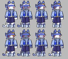 a bunch of cats that are in different poses on a gray background with blue and white colors