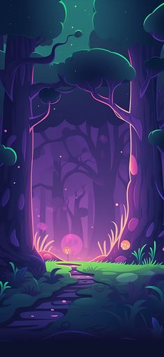 an illustration of a purple forest with trees and plants on the ground at night time