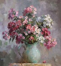 a painting of pink and white flowers in a blue vase on a table with grey background