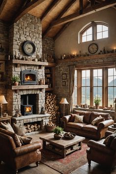 a living room filled with furniture and a fire place in the middle of a room