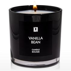 vanilla bean candle in a black glass container