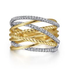 14K White-Yellow Gold Twisted Rope and Diamond Criss Cross Ring Ladies Rings, Criss Cross Ring, Crossover Ring, White Gold Set, Diamonds Ring, Cross Ring, White Gold Ring, Gold Set, Round Brilliant Cut