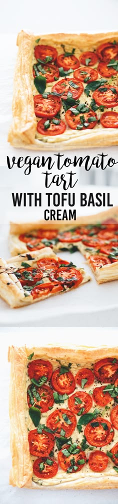 three different types of pizza with tomatoes and basil on them, one is made out of puff pastry