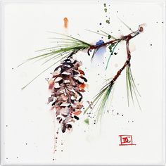 a watercolor painting of a pine cone hanging from a tree branch with the letter d on it