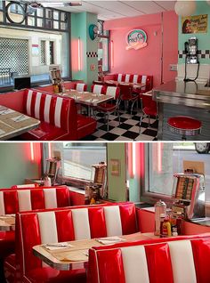 two pictures of red and white booths in a diner