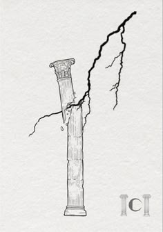 a drawing of a tall pillar with a lightning bolt coming out of it's side