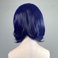 Chronos Midnight Blue Layered Bob Wig The Chronos style Midnight Blue layered bob wig is a face framing style, perfect to be worn independently or with the addition of clip-on ponytails extension, pigtails, and buns. A circular skin top measuring 2" in diameter and sitting at the crown of the wig style the fiber in numerous directions and create various parts. Bangs reaching 8" at the front of this Midnight Blue layered bob wig make creating styles such as middle parts, side swept and trimmed ba Dark Blue Wig, Mid Night Blue Wig, Sapphire Blue Wig, Blue Cosplay Wig, Blue Wig Epic Cosplay Wigs, Electric Blue Hair Wig, Layered Bob Short, Clip In Ponytail, Blue Wig