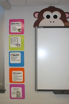 a monkey head mounted to the side of a whiteboard