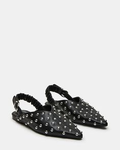 ZELLA Black Studs Pointed Toe Slingback | Women's Flats – Steve Madden Loafers Women Outfit, Black Studs, Studded Loafers, Studded Flats, Black Stud, Slingback Shoes, Womens Mules, Women's Flats, 5 Inch Heels