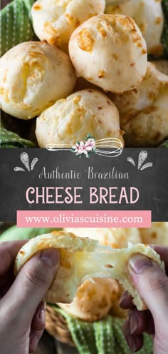 cheese bread is being held up in front of the camera, with text overlay that reads authentic brazilian cheese bread