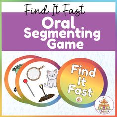 the cover of find it fast oral segmenting game, with an image of a cat and