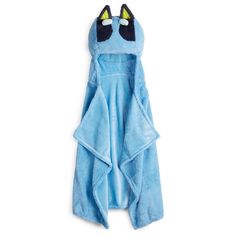 a blue towel with eyes and ears on it