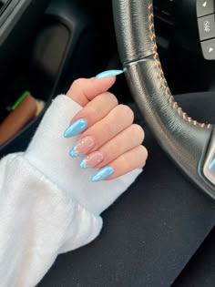 Blue Chrome Nails With Rhinestones, Blue Sparkly Tips Nails, Blue Nails With Pearls On Them, Blue Chrome Nails With Design, Light Blue Nails With Gems, Light Blue Vacation Nails, Light Blue Chrome Nails Designs, Icy Blue Nail Designs, Blue Nails Gems