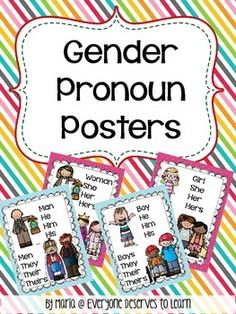 three posters with the words gender, pronoun, and other things in them