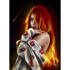 a painting of a woman wrapped in a blanket with fire coming out of the background