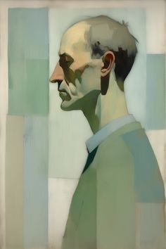 an abstract painting of a man's profile in blue and green tones with squares on the background